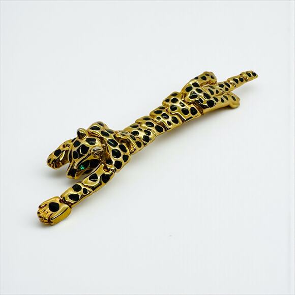 Vintage Articulated Leopard Brooch-Green Eyes-Black Enamel-Gold Tone-Animal-Cat - Picture 1 of 9